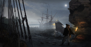 Картинка фэнтези корабли берег факел пират парусники