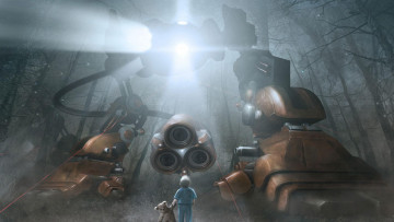 Картинка фэнтези роботы +киборги +механизмы деревья лес робот свет мишка игрушка мальчик ребенок ночь
