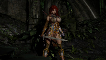 Картинка 3д+графика фантазия+ fantasy фон взгляд девушка лес оружие