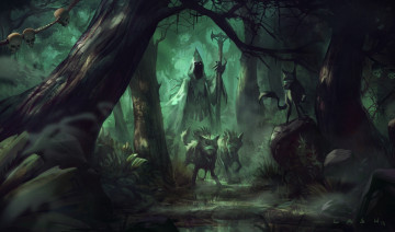 Картинка фэнтези маги +волшебники колдун посох собаки маг лес черепа
