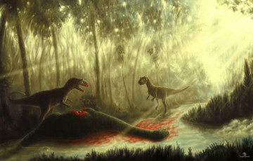 обоя рисованное, животные,  доисторические, динозавры, лес