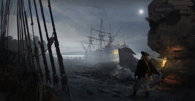 Обои картинки фото фэнтези, корабли, берег, факел, пират, парусники