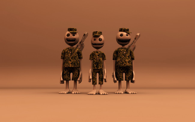 Обои картинки фото 3д графика, армия , military, человечки, оружие, кепки, камуфляж, босиком, солдаты, улыбки
