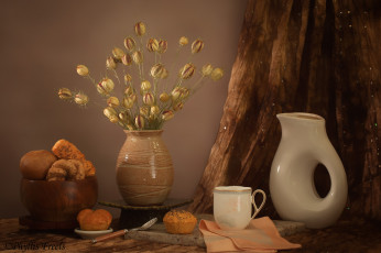 Картинка еда напитки +Чай натюрморт кувшин цветы хлеб