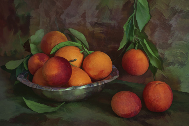Обои картинки фото рисованное, еда, рисунок, краски, кисти, картина, апельсин