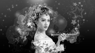 Картинка девушки -unsort+ азиатки звезды цветы черно-белая кимоно