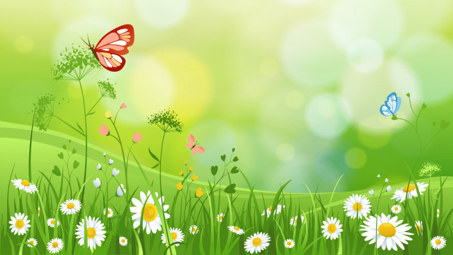 Обои картинки фото векторная графика, цветы , flowers, трава, лето, бабоЧка