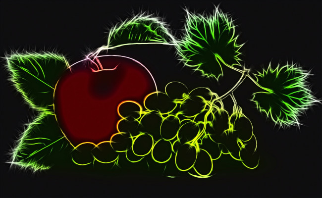 Обои картинки фото векторная графика, еда , food, контурная, графика, виноград, черный, фон, яблоко, неоновое, свечение, рендеринг
