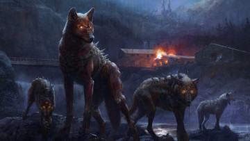 Картинка фэнтези оборотни волки деревня пожар река мост