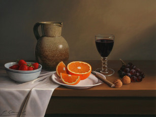 Картинка philip gerrard рисованные бокал орехи виноград кувшин клубника апельсин
