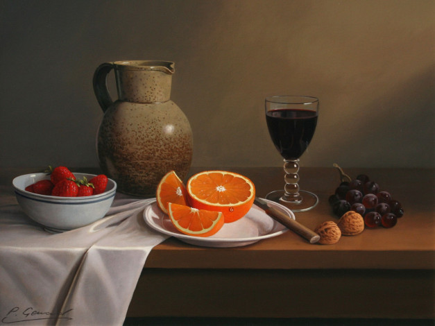 Обои картинки фото philip, gerrard, рисованные, бокал, орехи, виноград, кувшин, клубника, апельсин