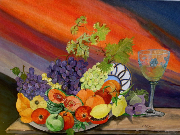Обои картинки фото рисованные, еда, бокал, лимон, виноград, яблоко
