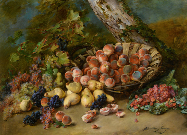 Обои картинки фото madeleine, lemaire, рисованные, персики, груши, виноград