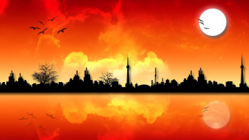 Картинка векторная+графика город закат солнце небо силуэт птицы