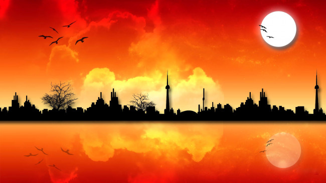 Обои картинки фото векторная графика, город, закат, солнце, небо, силуэт, птицы