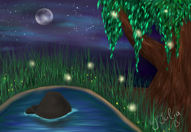 Обои картинки фото рисованные, природа, ночь, дерево, звезды, луна, трава, водоем