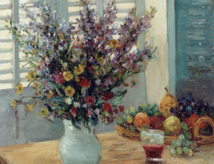Картинка рисованное живопись натюрморт картина ваза с цветами и фрукты на столе марсель диф