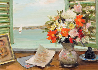 Картинка рисованное живопись цветы ваза лодка парус окно открытые ставни марсель диф
