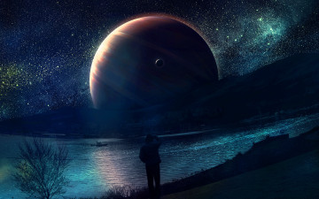 Картинка 3д+графика атмосфера настроение+ atmosphere+ +mood+ люди лодка озеро галактика вселенная звезды планеты