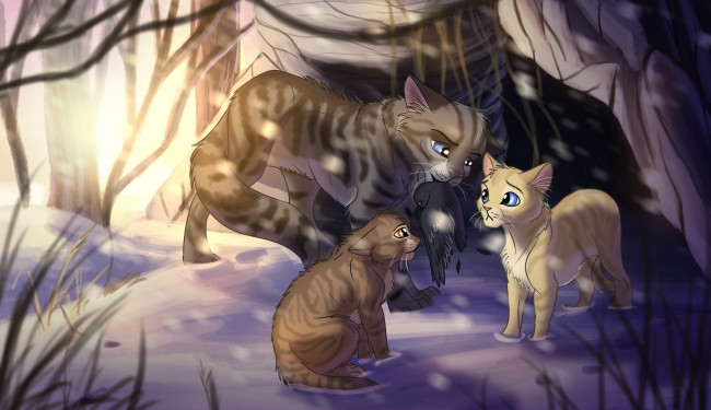 Обои картинки фото рисованное, животные,  коты, лес, коты, семья, снег