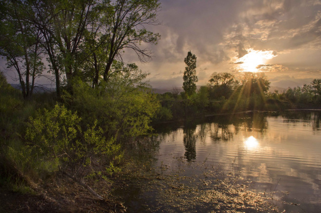 Обои картинки фото природа, реки, озера, солнце, озеро, деревья, тучи, спокойствие, вечер, лучи