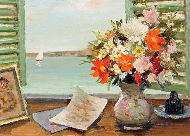 Обои картинки фото рисованное, живопись, цветы, ваза, лодка, парус, окно, открытые, ставни, марсель, диф