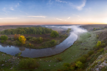 Картинка природа реки озера небо кустарники деревья река кальмиус туман украина камни