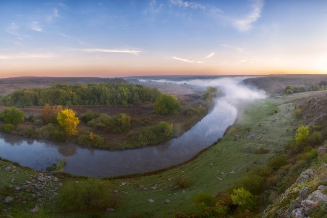 Обои картинки фото природа, реки, озера, небо, кустарники, деревья, река, кальмиус, туман, украина, камни