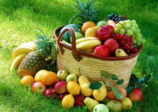 Картинка еда фрукты +ягоды лимон арбуз бананы ананас яблоки груши