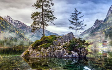 Картинка природа реки озера туман горы сосны река камень