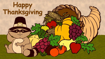 обоя праздничные, день благодарения, фрукты, шляпа, енот, овощи, рог, изобилия