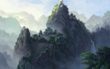 Картинка фэнтези иные+миры +иные+времена горы туман деревья водопад пагоды