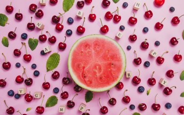 Картинка еда фрукты +ягоды арбуз черника вишни