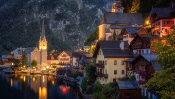 Картинка города гальштат+ австрия вечер огни отражение
