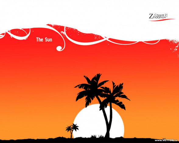 Обои картинки фото векторная, графика, солнце, закат, пальмы