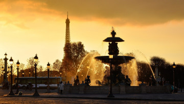 обоя города, париж, франция, башня, фонари, фонтан