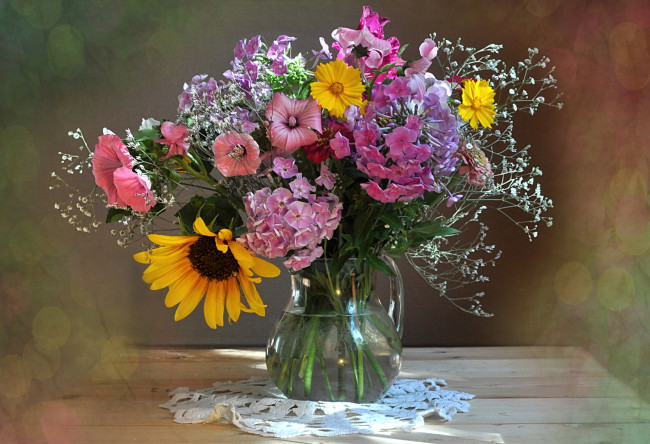 Обои картинки фото цветы, букеты, композиции, осень, флоксы, подсолнух, лаватера