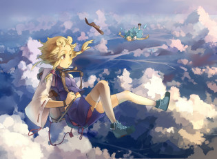 Картинка аниме touhou cirno moriya suwako девушки полет небо шляпа gensou kuro usagi арт облака