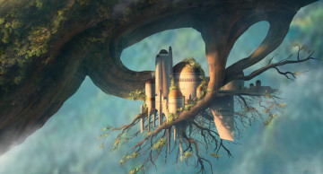 Картинка фэнтези иные+миры +иные+времена ветка дерево листья замок