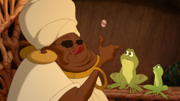 обоя мультфильмы, the princess and the frog, бабушка, серьги, очки, негритянка, лягушка
