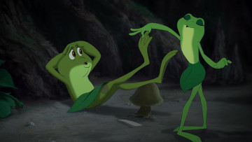 обоя мультфильмы, the princess and the frog, лист, гриб, лягушка