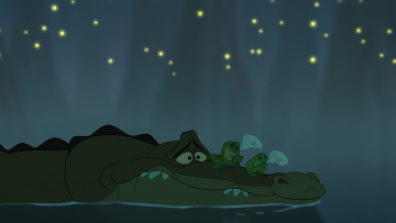 обоя мультфильмы, the princess and the frog, лягушка, крокодил, огонек, водоем, цветы