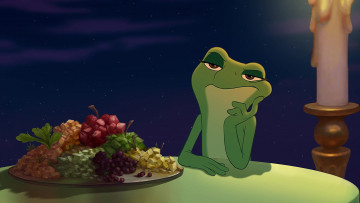 обоя мультфильмы, the princess and the frog, свеча, овощи, лягушка, полнос