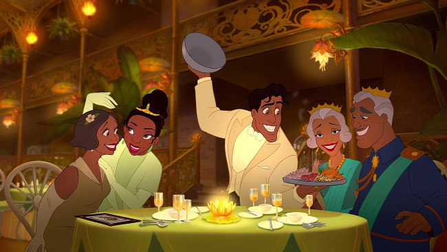 Обои картинки фото мультфильмы, the princess and the frog, блюдо, фужер, люди, стол, корона, негритянка