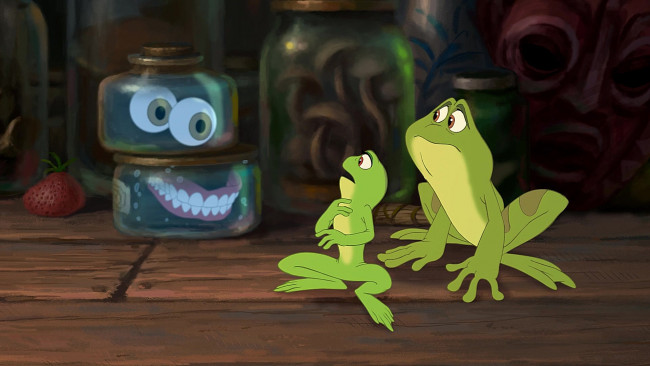 Обои картинки фото мультфильмы, the princess and the frog, клубника, зубы, глаза, лягушка, банка