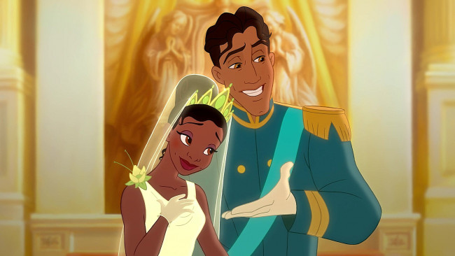 Обои картинки фото мультфильмы, the princess and the frog, невеста, корона, девушка, жених, парень, цветок