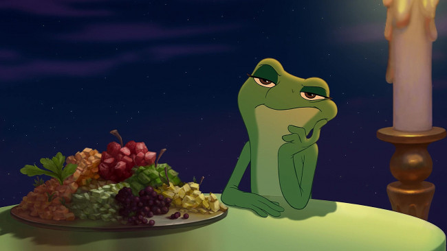 Обои картинки фото мультфильмы, the princess and the frog, свеча, овощи, лягушка, полнос
