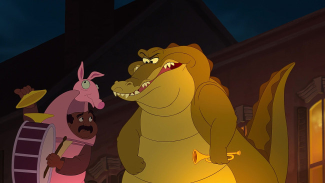 Обои картинки фото мультфильмы, the princess and the frog, труба, крокодил, мужчина, барабан