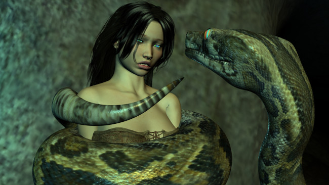 Обои картинки фото 3д графика, фантазия , fantasy, змея, фон, взгляд, девушка