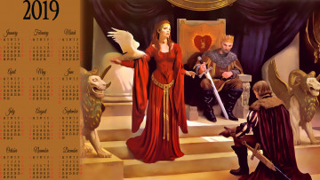 Картинка календари фэнтези корона птица девушка 2019 король calendar оружие мужчина трон женщина